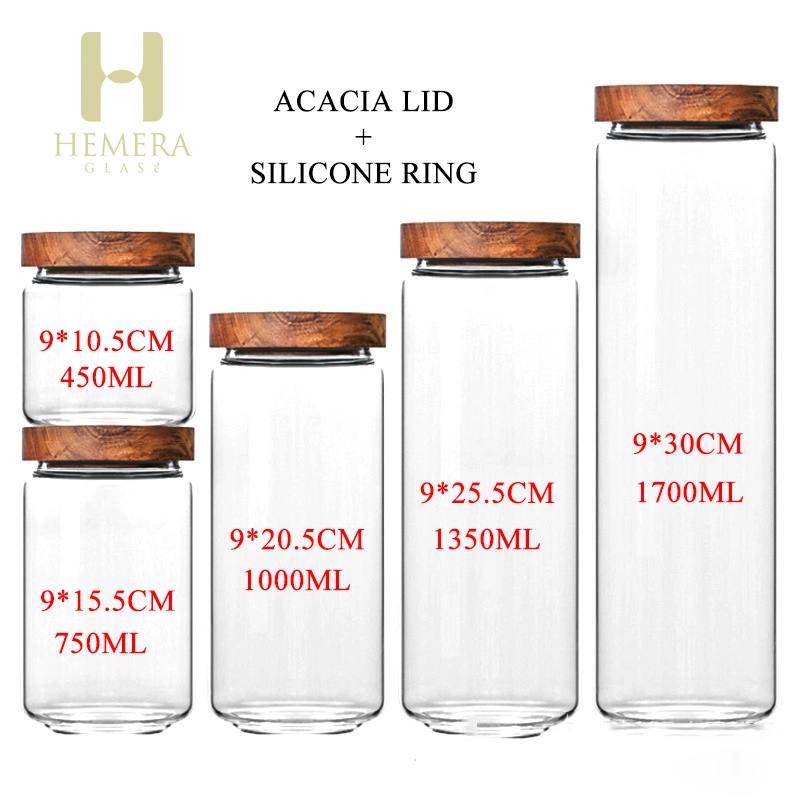 325/500/750/1000/1800ml High Borosilicate Home Kitchen Food Spice Glass Storage Container Canister Jar with Quality Sealed Silicone Ring Wood Acacia Lid Cover