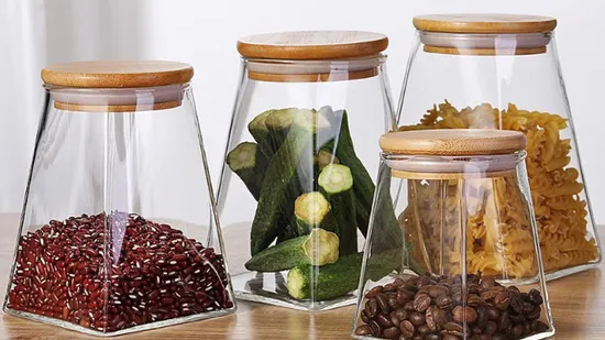 Barattolo di vetro ad alto borosilicato Serbatoio di stoccaggio trapezoidale ermetico Barattoli di caramelle Contenitore per alimenti con coperchio in legno di bambù